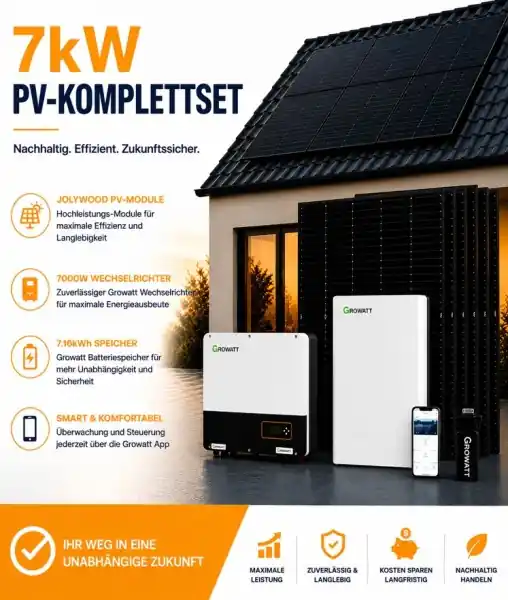 7 kW PV-Komplettset mit 7000W Wechselrichter + 7.6kWh Speicher + Jolywood PV Module Nur Für Kurze Zeit