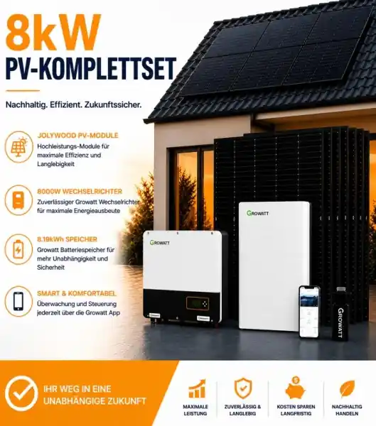 Bestseller 8 kW PV-Komplettset mit 8000W Wechselrichter + 7.6kWh Speicher + Jolywood PV-Module