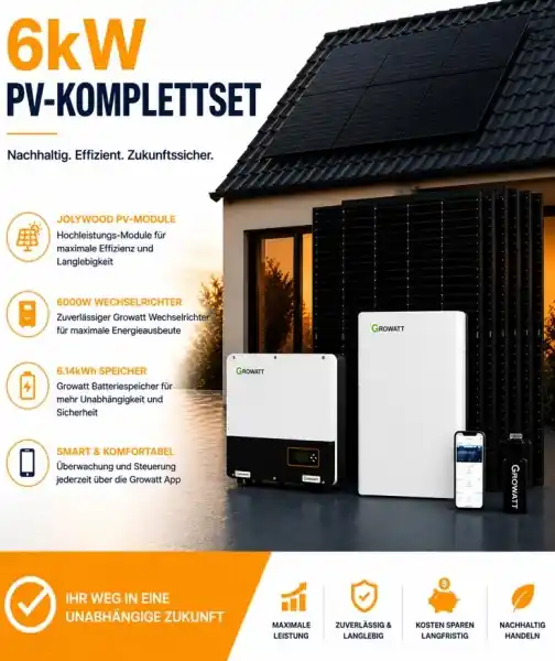 Neue Kollektion 6 kW PV-Komplettset mit 6000W Wechselrichter + 7.6kWh Speicher + Jolywood PV-Module
