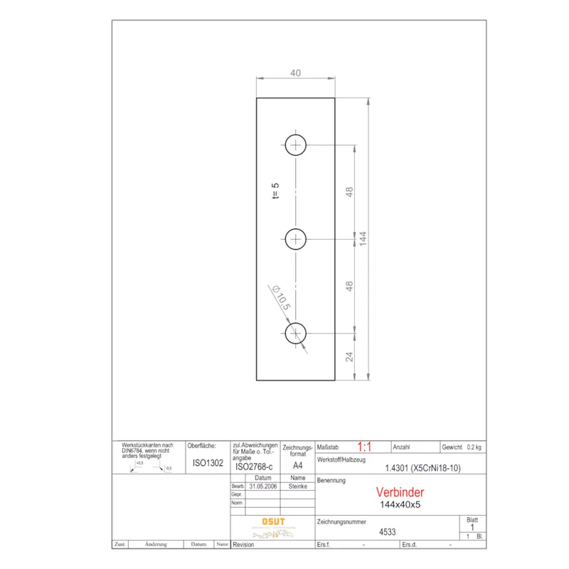 Saisonangebot Verbinder Maße 5x40x144 | Edelstahl 1.4301