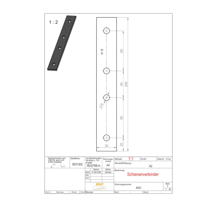 Schienenverbinder 200x30x5mm | Material 1.4016 Neu