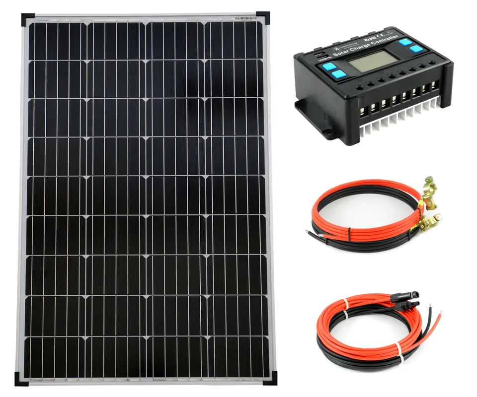Komplettset 1x100 Watt Monokristallin 5-Busbars 20A Laderegler 12V / 24V Kabel Finale Aktion