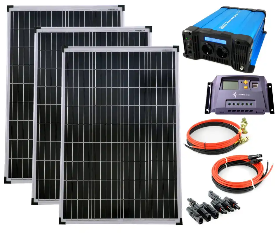 SET 3x100W Poly Solar Modul 20A Laderegler gelb Spannungswandler FS1500D 1500W Kabel Stecker Preisknaller