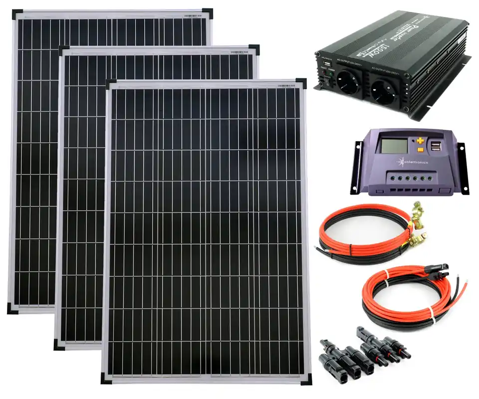 Neu Im Sortiment SET 3x100W Poly Solar Modul 20A Laderegler gelb Spannungswandler NM1500 1500W mod Kabel Stecker