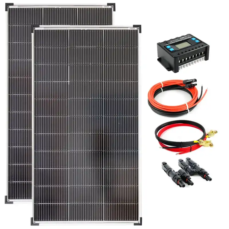 Komplettset 2x120 Watt Solarmodul 1070x585 20A Laderegler Kabel Stecker Solar Photovoltaik Geprüft