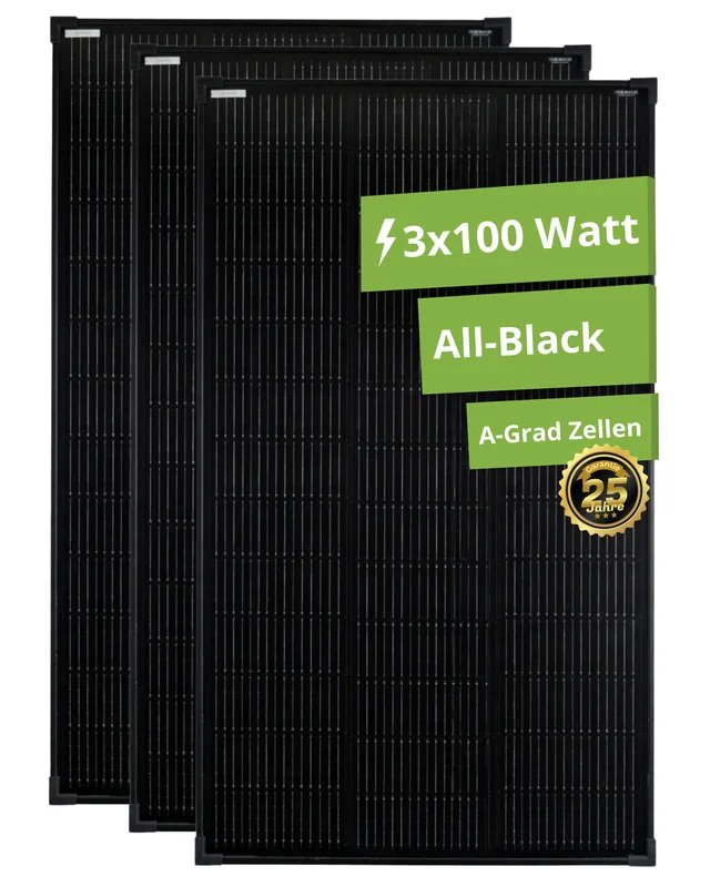 Mega-Angebot Solarmodul 100 Watt Mono 18V All-Black Solarpanel Solarzelle 910x580x30 (3 Stück)