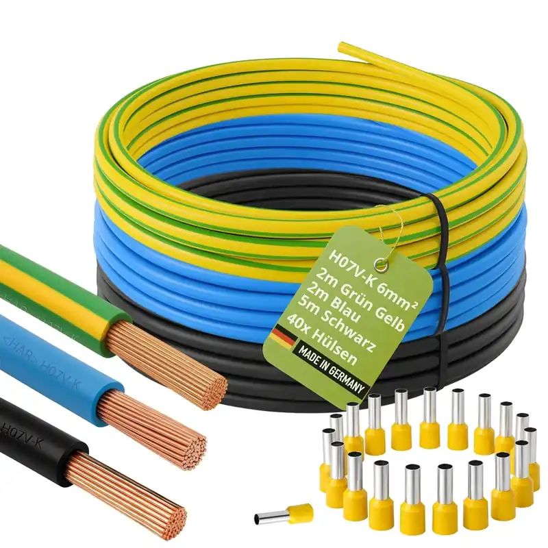 Top-Angebot H07V-K 6 mm² Verdrahtungsleitung 5m Schwarz je 2m Blau +Grün Gelb Set, mit 40 Aderendhülsen