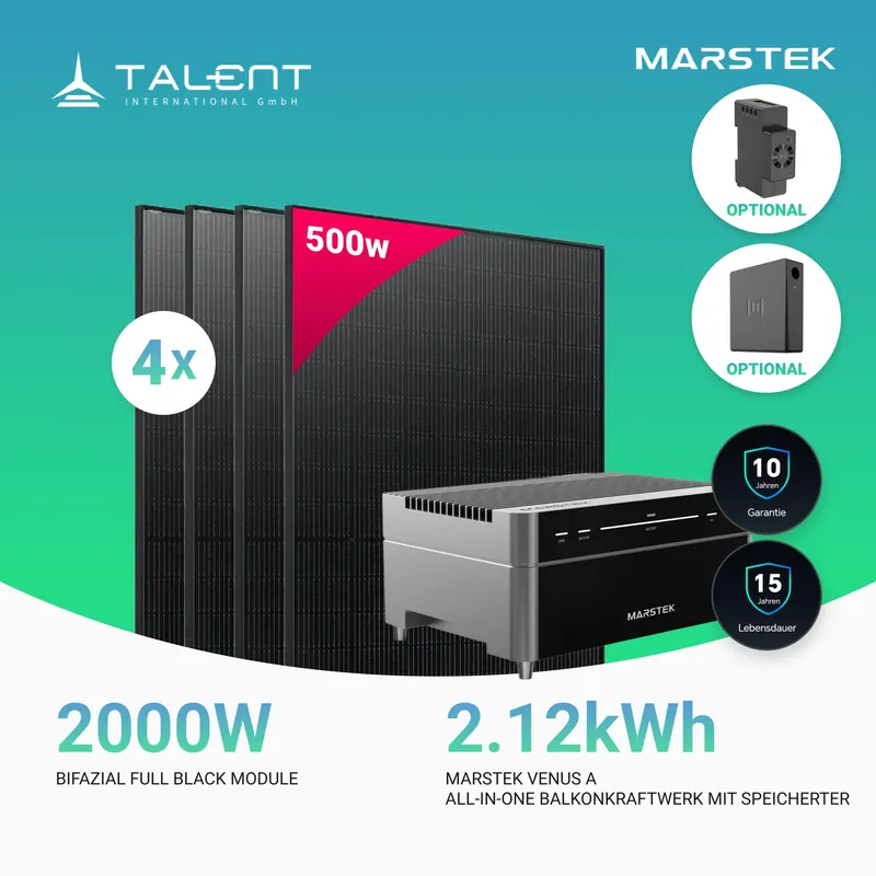 2000W Balkonkraftwerk mit Speicher - 4x 500W Bifazial Transparentes Glas-Glas Full Black Modul & Marstek Venus A Bestpreis