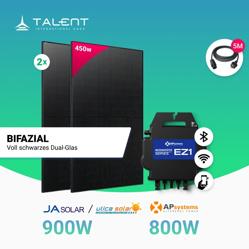 Balkonkraftwerk 2 x 450W Full Black Bifacial Glas-Glas PV Modul + 800W EZ1-M Apsystem Wechselrichter Wochenendangebot