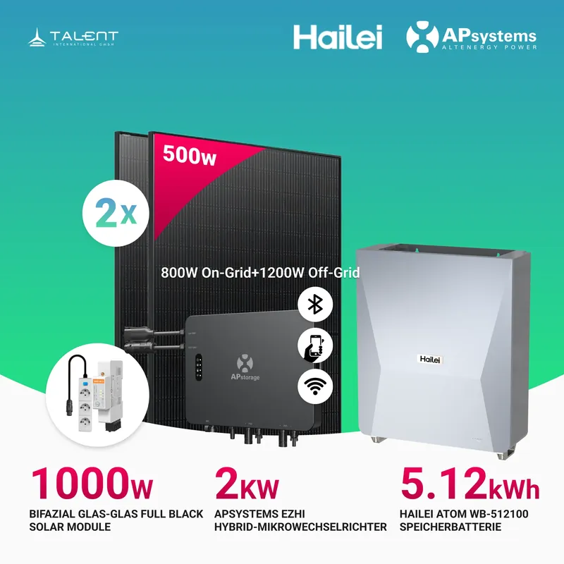 APsystems EZHI Balkonkraftwerk – Hybrid & Insel-System mit 5kWh / 10kWh Speicher + 1000W (2×500W) Bifazial Full Black PV Modulen, AC 2000W Solange Der Vorrat Reicht