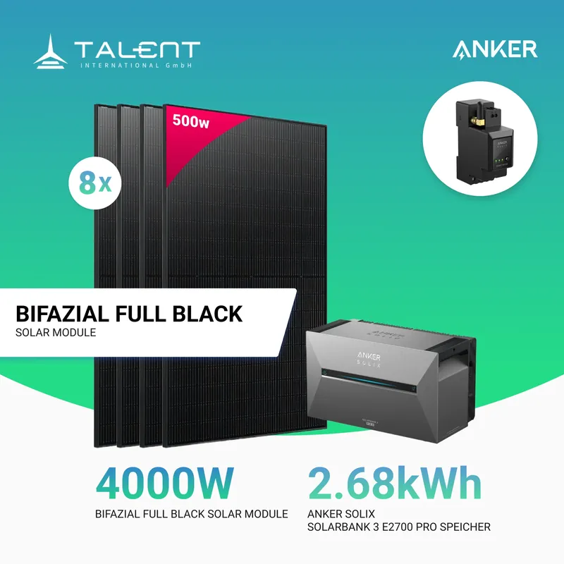 4000W Balkonkraftwerk mit Speicher - 8x 500W Full Black bifazial & Anker Solix Solarbank 3 Pro Direkt Vom Hersteller