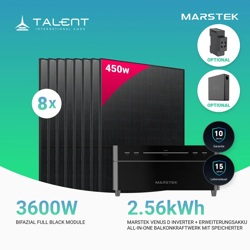 Direktkauf 3600W Balkonkraftwerk mit Speicher - 8x 450W Full Black bifazial Glas-Glas Modul & Marstek Venus D