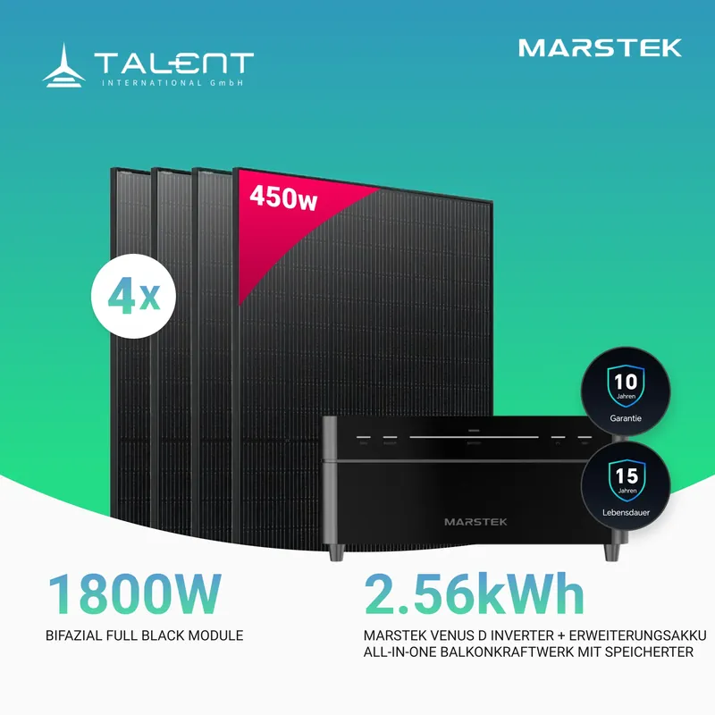 1800W Balkonkraftwerk mit Speicher - 4x 450W Full Black bifazial Glas-Glas Modul & Marstek Venus D Sonderaktion