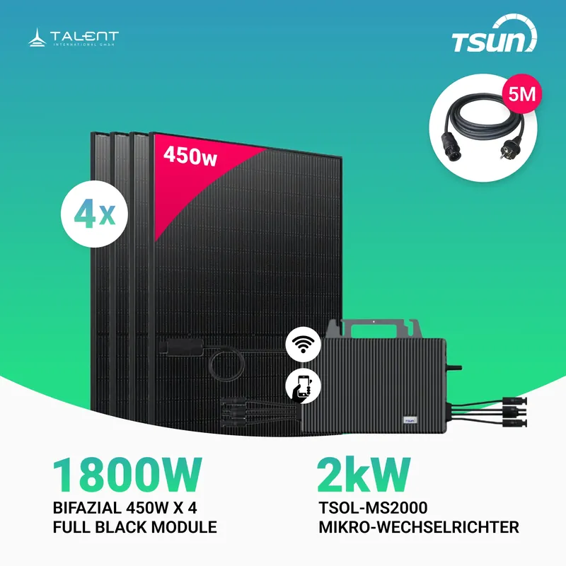 1800W Balkonkraftwerk mit Speicher - 4x 450W Bifazial Transparentes Glas-Glas Full Black Modul & TSUN 2000W TSOL-MS2000 Mikro-Wechselrichter Rabatt