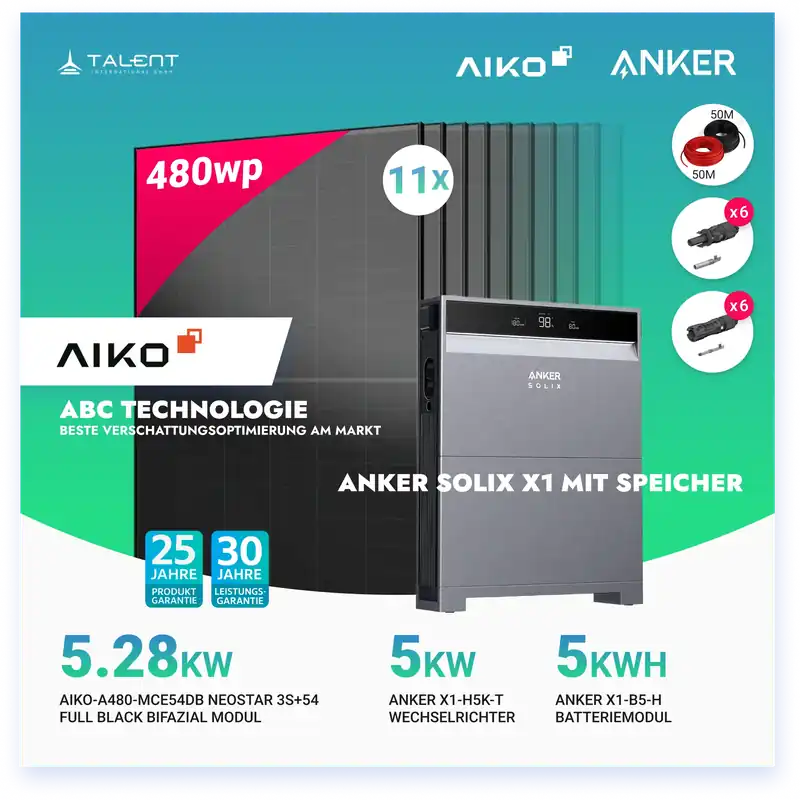 Solange Der Vorrat Reicht PV Komplettset 5 kWp - 11 × AIKO 480W Full Black & Anker X1-H5K-T mit Speicheroption & Unterkonstruktion