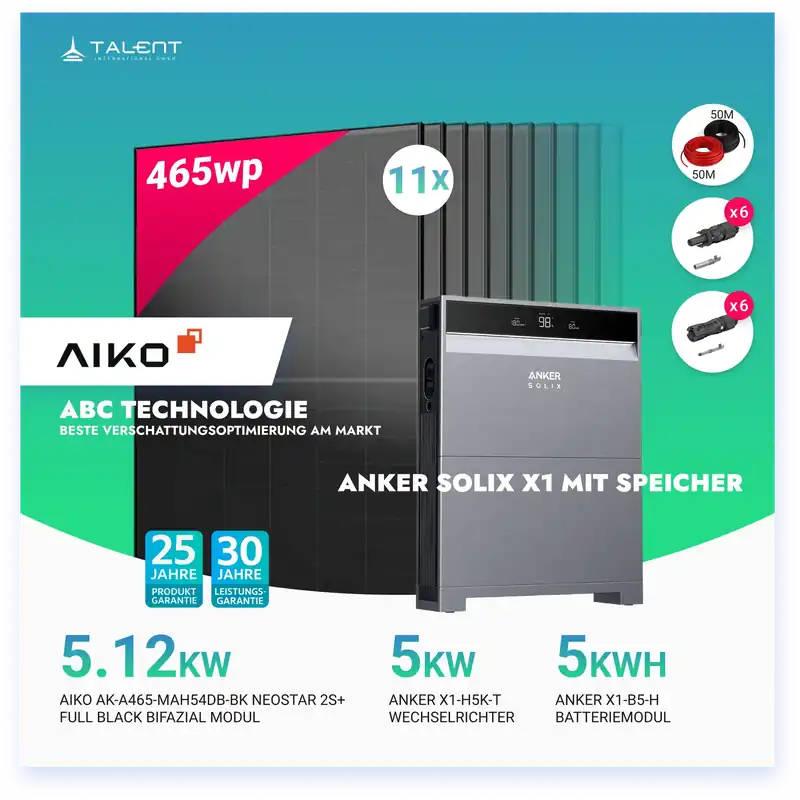 PV Komplettset 5 kWp - 11 × AIKO 465W Full Black & Anker X1-H5K-T mit Speicheroption & Unterkonstruktion Mega-Angebot