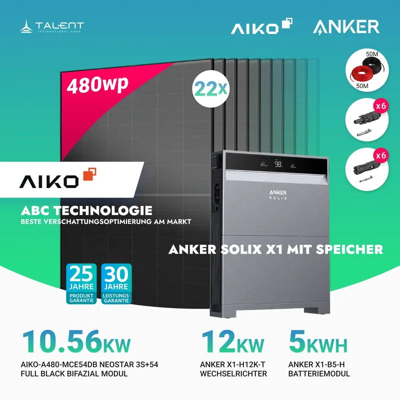 PV Komplettset 10 kWp - 22× AIKO 480W Full Black & Anker X1-H12K-T mit Speicheroption & Unterkonstruktion Kracherpreis