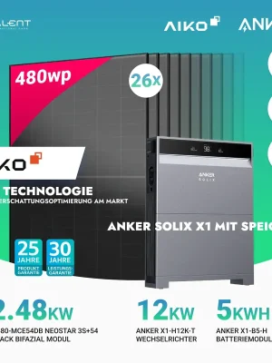 Beliebt PV Komplettset 12 kWp - 26× AIKO 480W Full Black & Anker X1-H12K-T mit Speicheroption & Unterkonstruktion