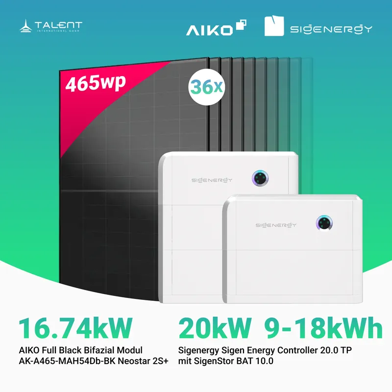 Begrenztes Angebot PV Komplettset 16.74 kWp - 36 × AIKO 465W Full Black & Sigenergy Sigen Energy Controller 20.0 TP 20kW mit Speicheroption
