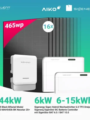 Letzte Chance PV Komplettset 7.44 kWp - 16 × AIKO 465W Full Black & Sigenergy Sigen Hybrid Wechselrichter 6.0 TP2 6kW Dreiphasig mit Speicheroption