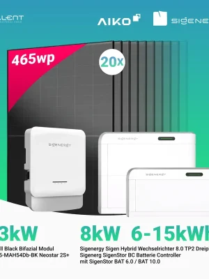 PV Komplettset 9.3 kWp - 20 × AIKO 465W Full Black & Sigenergy Sigen Hybrid Wechselrichter 8.0 TP2 8kW Dreiphasig mit Speicheroption Nur Für Kurze Zeit