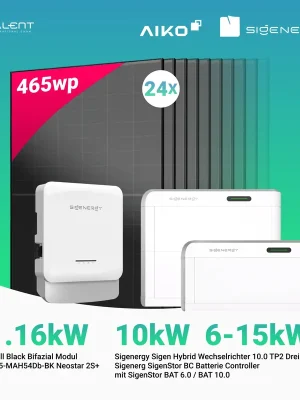 Beliebt PV Komplettset 11.16 kWp - 24 × AIKO 465W Full Black & Sigenergy Sigen Hybrid Wechselrichter 10.0 TP2 10kW Dreiphasig mit Speicheroption