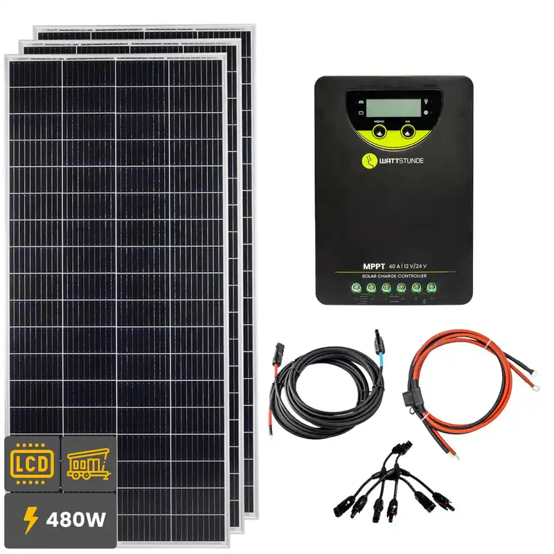 Zertifiziert 480W Solar Inselanlage Bausatz (3x160W) WATTSTUNDE® 40 A 90 V MPPT Solar Laderegler WLR-BT 40.90 MPPT