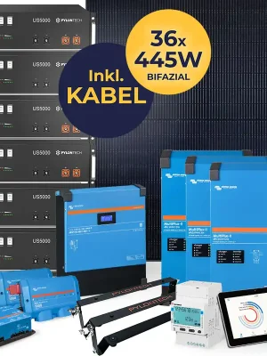 Letzte Chance 16 kW Photovoltaikanlage mit Speicher 28,8 kWh | HUSATECH SunnyHome XL | 3-phasig mit Victron MultiPlus II 48/5000/70-50 + MPPT 450/200 + Pylontech US5000 Speicher