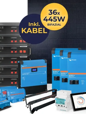 Kostenloser Versand 16 kW Photovoltaikanlage mit Speicher 21 kWh | HUSATECH SunnyHome XL | 3-phasig mit mit Victron MultiPlus II 48/5000/70-50 + MPPT 450/200 + 16380Wp  + Pylontech US3000C