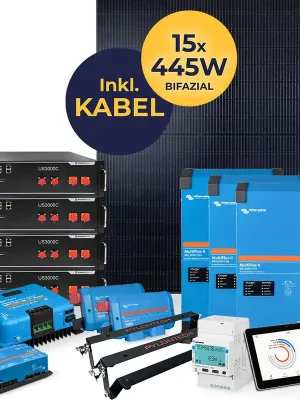 Kostenloser Versand 6,67 kW Photovoltaikanlage mit Speicher 14,2 kWh | HUSATECH SunnyHome L | - 3-phasig mit Victron MultiPlus II 48/3000/35-32 + MPPT 250/100 + 14,2 Pylontech US3000C