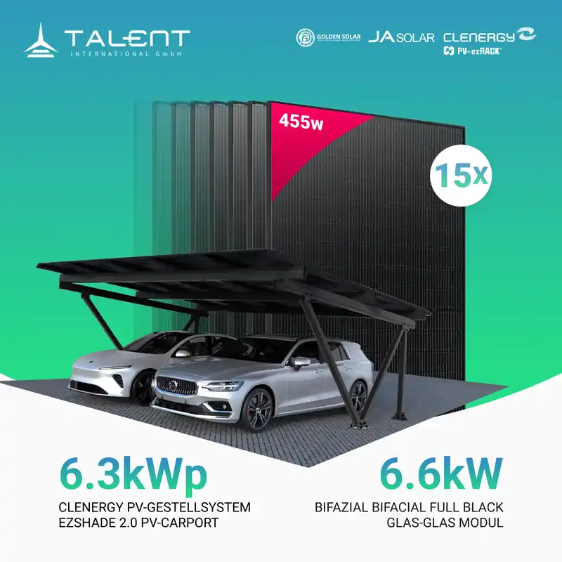 Bestpreis Dual Solarcarport Clenergy PV-Gestellsystem ezShade 2.0 inkl. 15x 455W Bifazial Full Black Solar Module