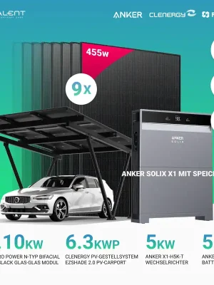 Direkt Vom Hersteller Solarcarport Einzel Clenergy PV-Gestellsystem ezShade 2.0 inkl. 9x 455W Bifazial Full Black Module & Anker SOLIX X1-H5K-T 5kW Wechselrichter mit Speicheroption
