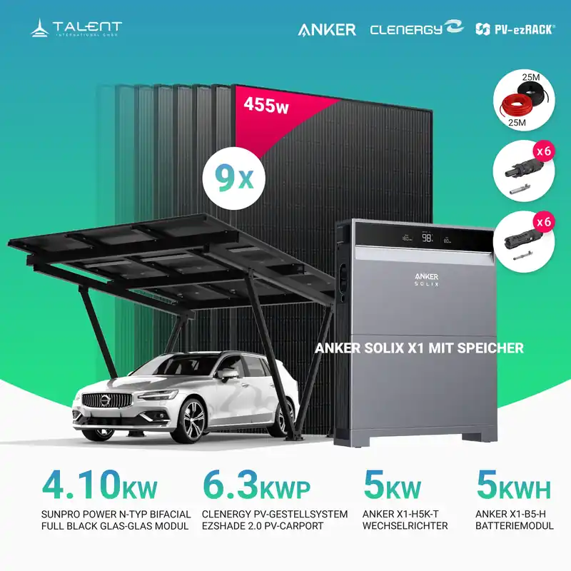 Direkt Vom Hersteller Solarcarport Einzel Clenergy PV-Gestellsystem ezShade 2.0 inkl. 9x 455W Bifazial Full Black Module & Anker SOLIX X1-H5K-T 5kW Wechselrichter mit Speicheroption
