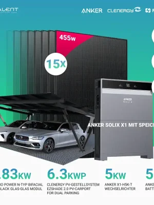 Bestseller Dual Solarcarport Clenergy PV-Gestellsystem ezShade 2.0 inkl. 15x 455W Bifazial Full Black Solar Module & Anker SOLIX X1-H5K-T 5kW Wechselrichter mit Speicheroption