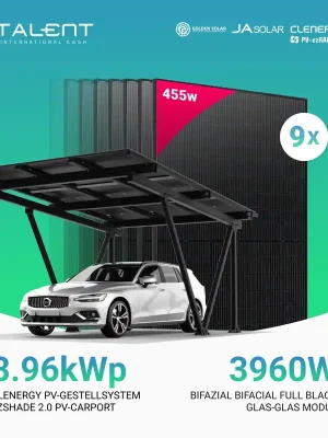 Solarcarport Einzel Clenergy PV-Gestellsystem ezShade 2.0 inkl. 9x 455W Bifazial Full Black Module Nur Heute