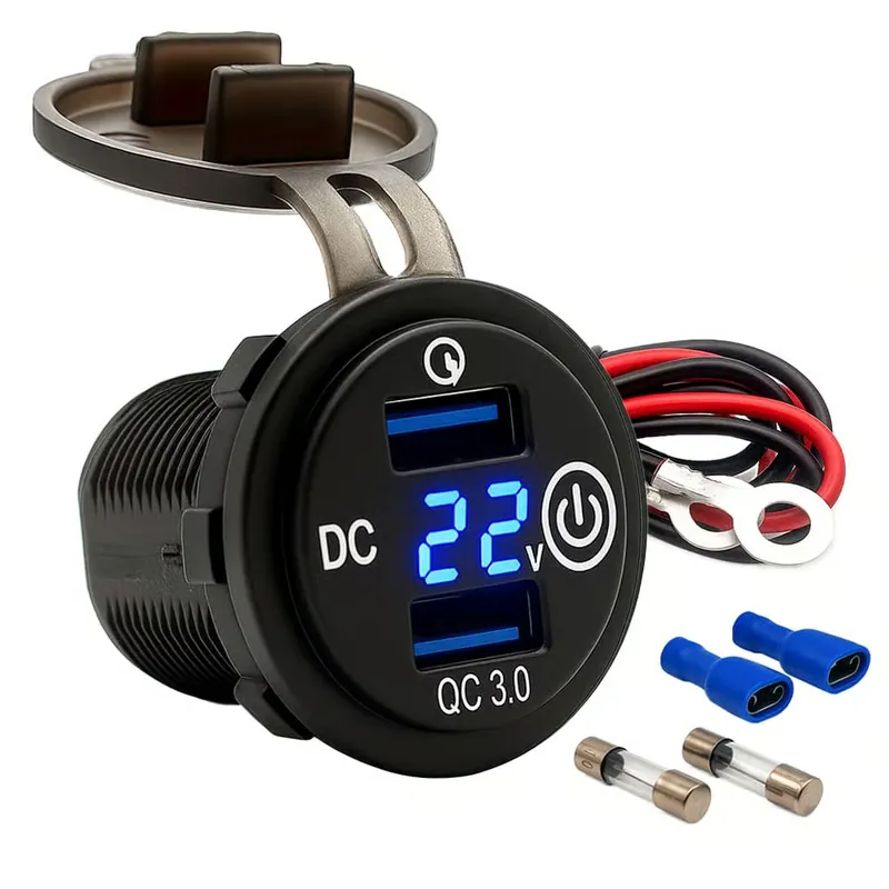 Offgridtec USB-Doppelsteckdose 12V/24V 2x 18W Kfz-Ladeadapter mit Spannungsanzeige und Abdeckung Versand Am Gleichen Tag