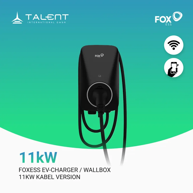 Zertifiziert FOX ESS 11kW Wallbox 3-phasig (WIFI) mit 6m Kabel, Stecker Typ2(A011KP1-E-2-A)
