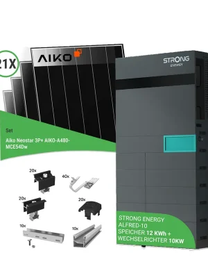 Rabatt 10,08 kWp PV-Komplettset mit 21x AIKO AIKO-A480-MCE54Dw Neostar 3P+ 480 W Glas/Glas Solarmodule & STRONG ENERGY ALFRED-10 - inkl. K2 Unterkonstruktion für Ziegeldächer