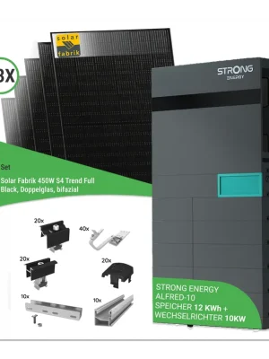 Kracherpreis 10,35 kWp PV-Komplettset mit 23x Solar Fabrik 450 W S4 Trend Full Black bifaziale Doppelglas-Module & STRONG ENERGY ALFRED-10 - inkl. K2 Unterkonstruktion für Ziegeldächer