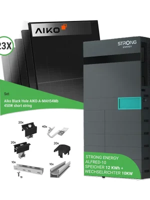 Neu 10,35 kWp PV-Komplettset mit 23x Aiko Black Hole AIKO-A-MAH54Mb 450W short string & STRONG ENERGY ALFRED-10 - inkl. K2 Unterkonstruktion für Ziegeldächer