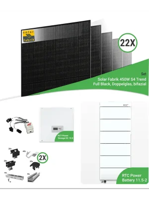 Preiswert 9,90 kWp PV-Komplettset mit 22x Solar Fabrik 450 W S4 Trend bifaziale Full Black Doppelglas-Module & RCT DC 10.0 & 11.5-2 Speicher – inkl. K2 Unterkonstruktion für Ziegeldächer