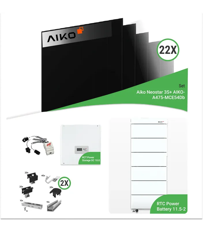 10,45 kWp PV-Komplettset mit 22x Aiko Neostar 3S+ Glas-Glas Modulen & RCT Speicher – inkl. Unterkonstruktion für Ziegeldächer Aktuell