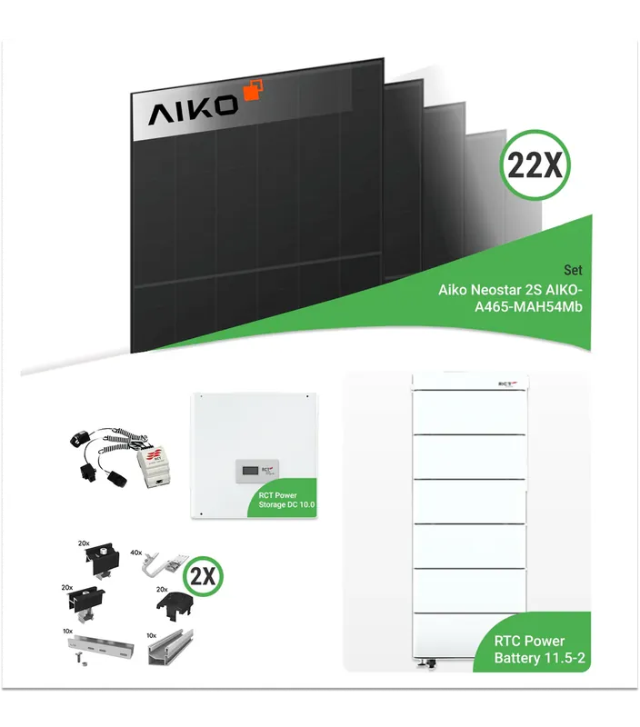 10,23 kWp PV-Komplettset mit 22x Aiko 465 W Modulen & RCT Power Speicher – inkl. K2 Unterkonstruktion für Ziegeldächer Neue Kollektion
