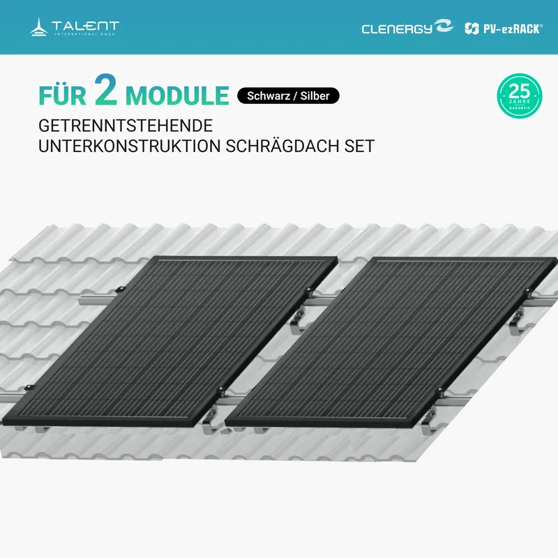 Must-Have Clenergy PV-ezRack SolarRoof Pro 2.0 Unterkonstruktion Schrägdach Montageset für 2 getrenntstehende Module in Silber / Schwarz ( neue ver. 2026 )