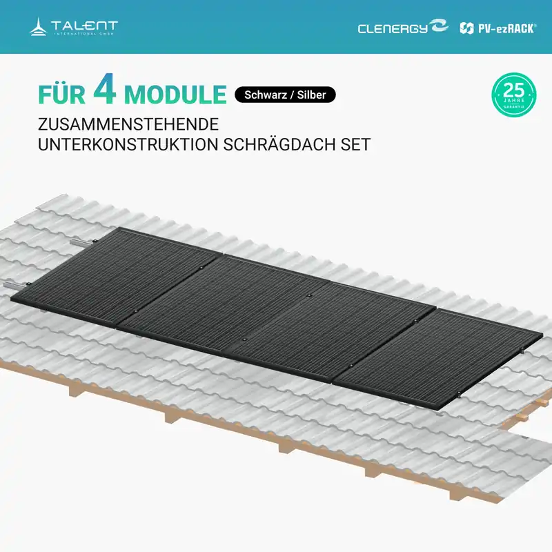Clenergy PV-ezRack SolarRoof Pro 2.0 Unterkonstruktion Schrägdach Set für 4 zusammenstehende Module in Silber oder Schwarz Preiswert