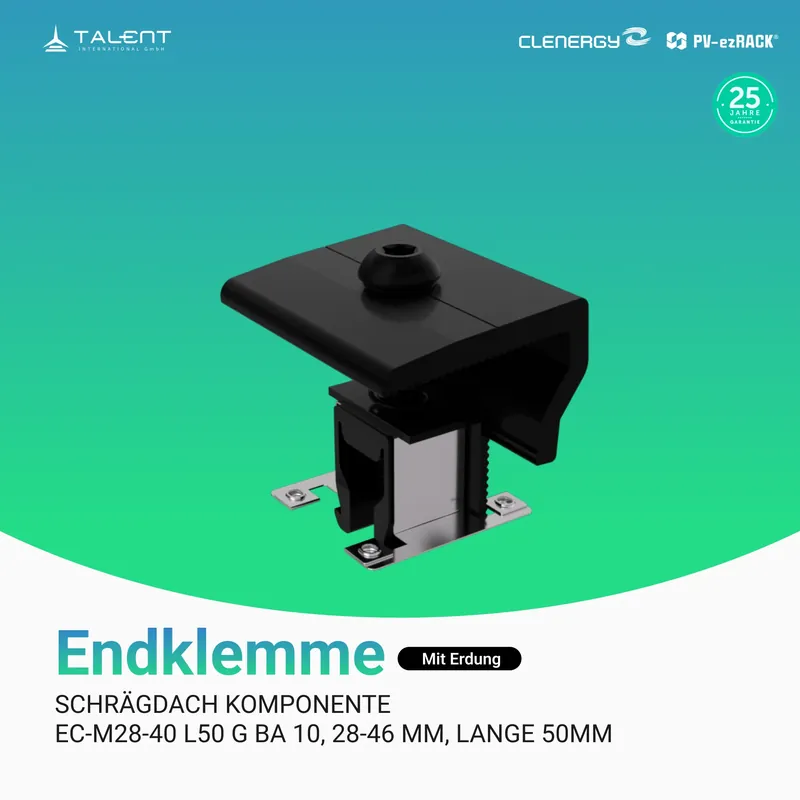Neue Kollektion Clenergy PV-ezRack Unterkonstruktion Schrägdach Komponenten - Endklemme mit Erdung, 28-46 mm, lange 50mm, in Schwarz