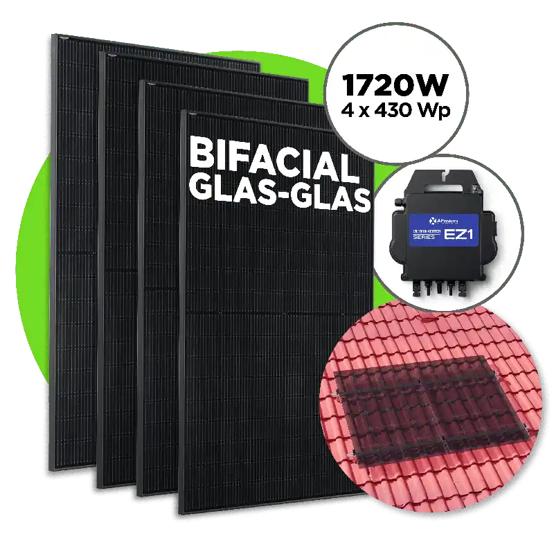Kracherpreis 1720 Wp Bifacial Full Black Balkonkraftwerk mit 4 Modulen Apsystems EZ1-M / 4er Ziegeldach Set / ohne Kabel