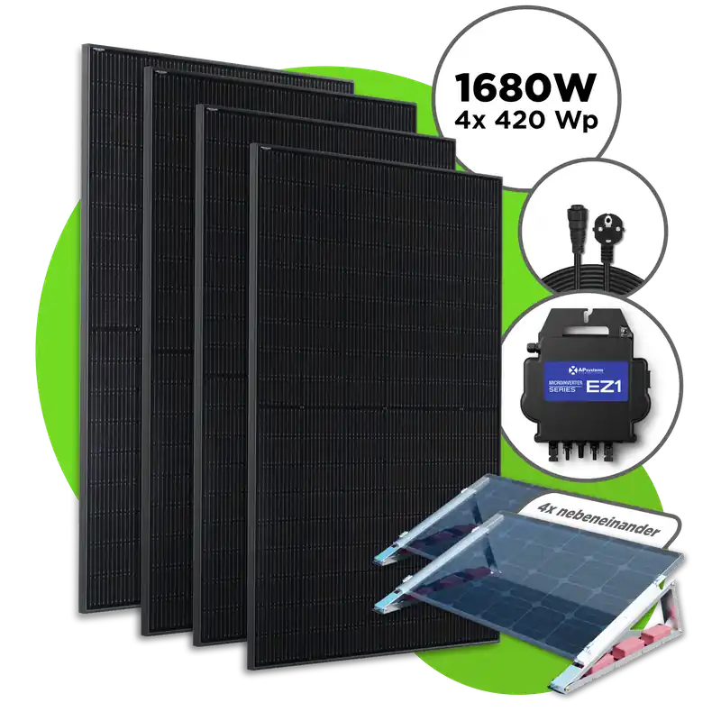 Bestseller 1680 Wp Full Black Balkonkraftwerk mit 4 Modulen Apsystems 600 W - 800 W / 4er Flachdach Set (4 Module nebeneinander) / 5 m