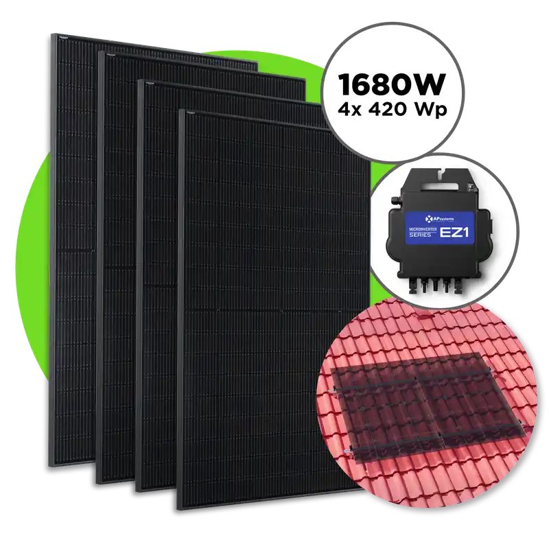 Sofort Bestellen 1680 Wp Full Black Balkonkraftwerk mit 4 Modulen Apsystems 600 W - 800 W / 4er Ziegeldach Set / ohne Kabel