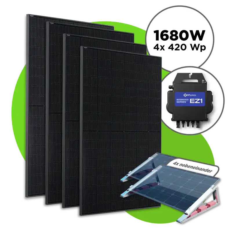 Begrenztes Angebot 1680 Wp Full Black Balkonkraftwerk mit 4 Modulen Apsystems 600 W - 800 W / 4er Flachdach Set (4 Module nebeneinander) / ohne Kabel